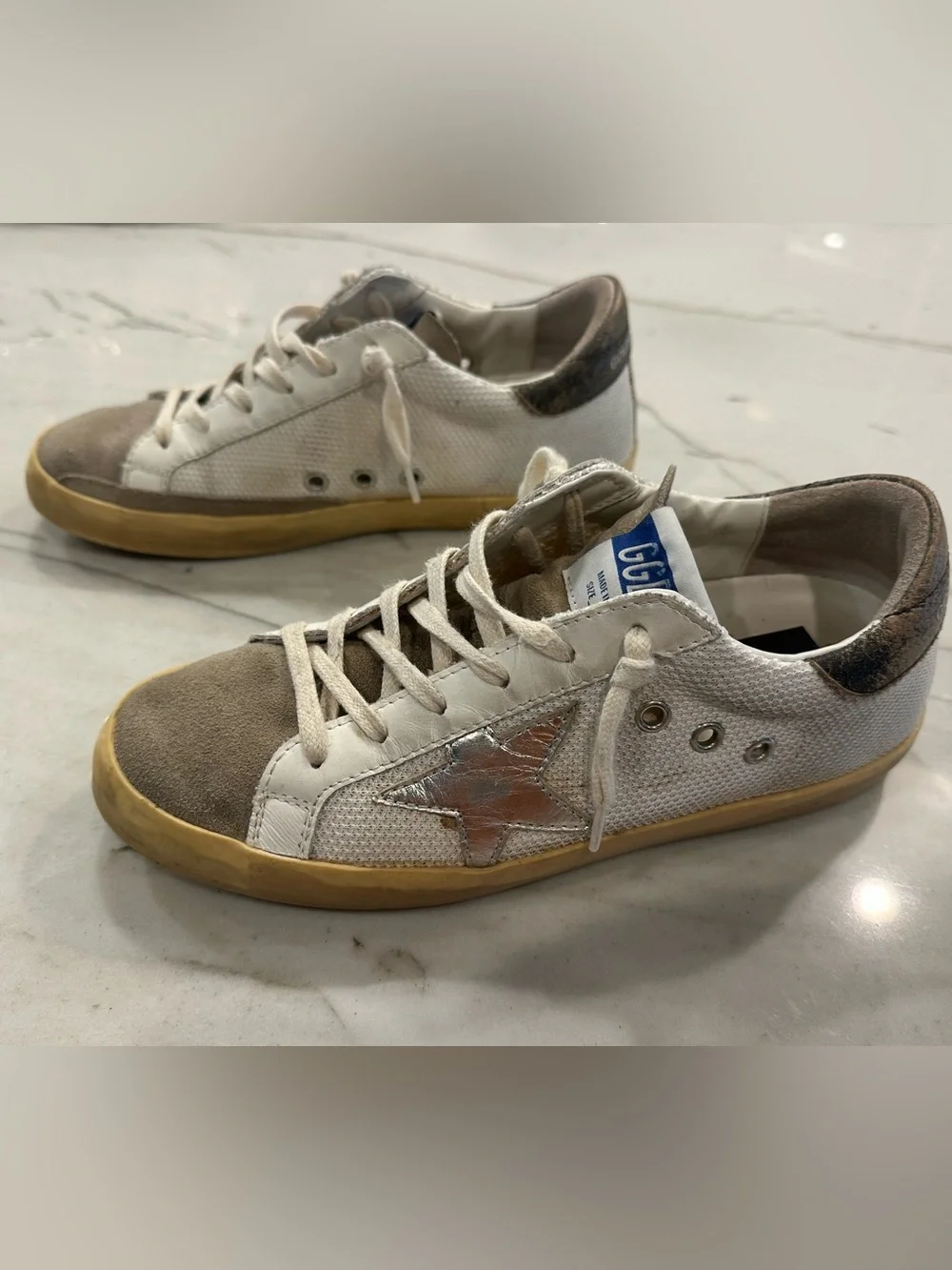 Golden Goose Super-Star Sneakers Size 37 White Silver Star Mesh Suede Toe + Box - Picture 3 of 9
